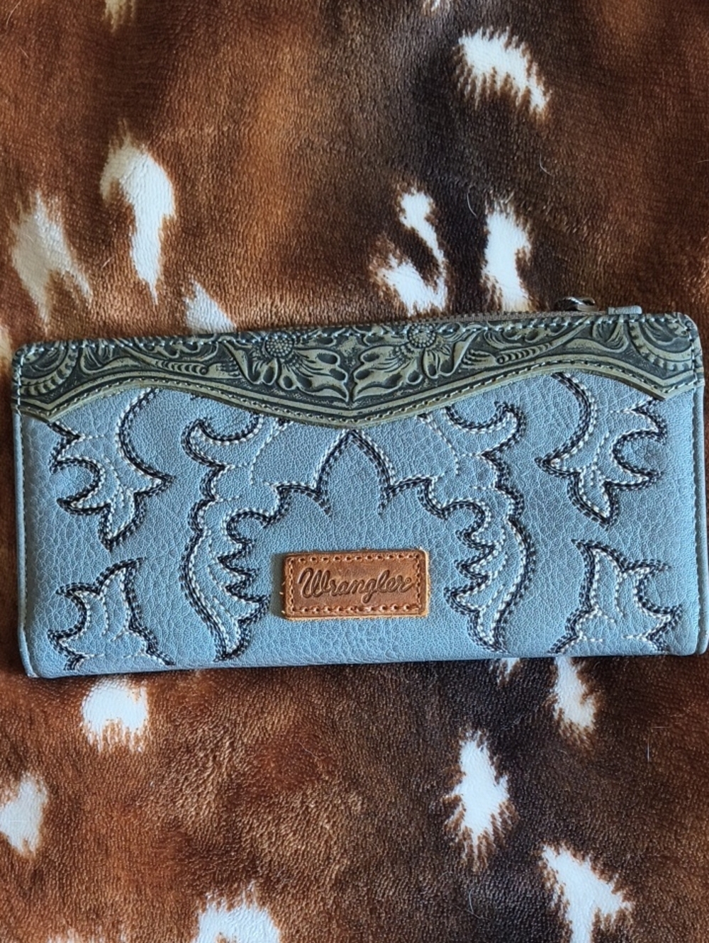 Wrangler Light Blue Embroidered Western Continental Wallet with Brown Patch